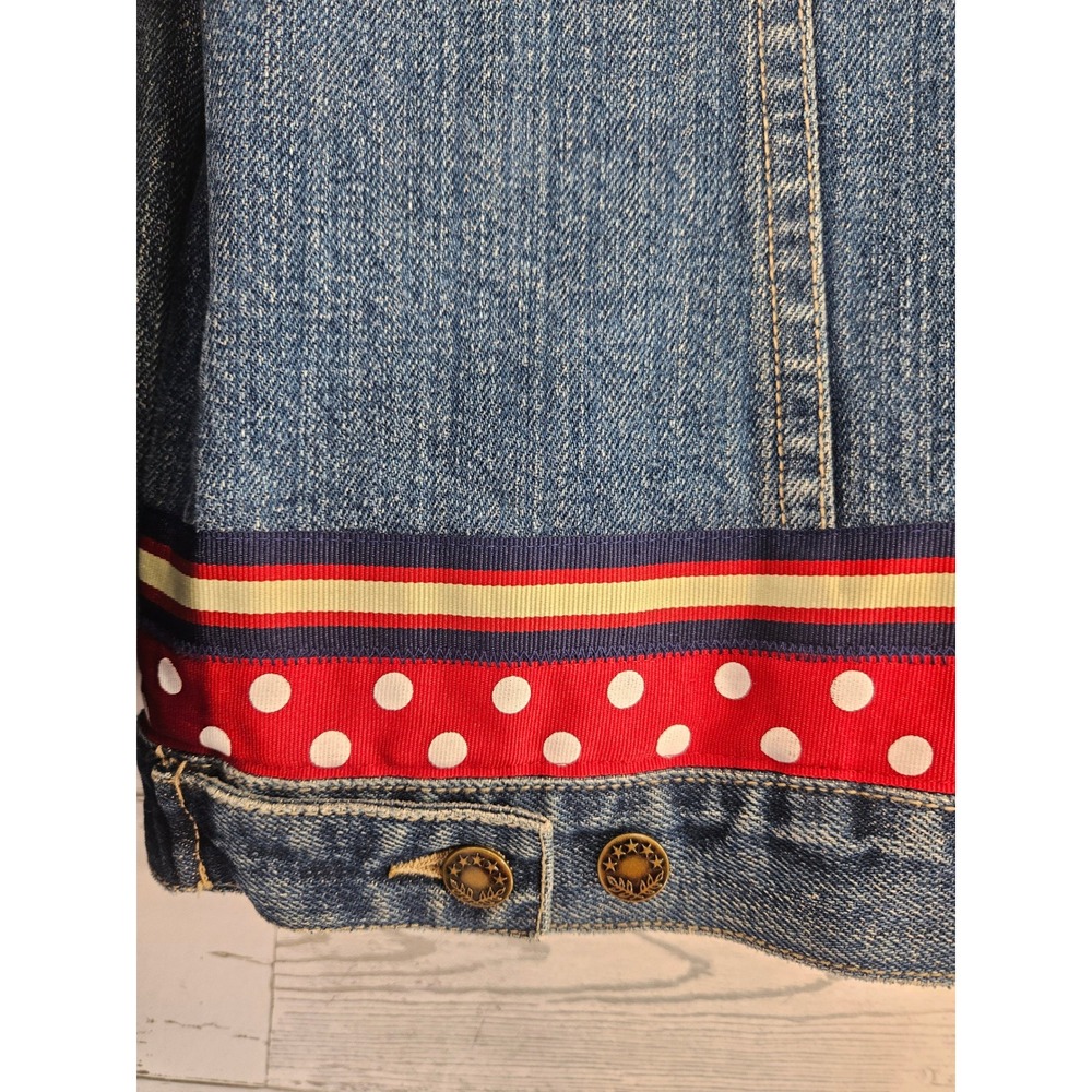 WilliSmith Womens XL Denim Jacket Polka Dot Ribbon Trim Blue Cotton Trucker - Picture 3 of 6